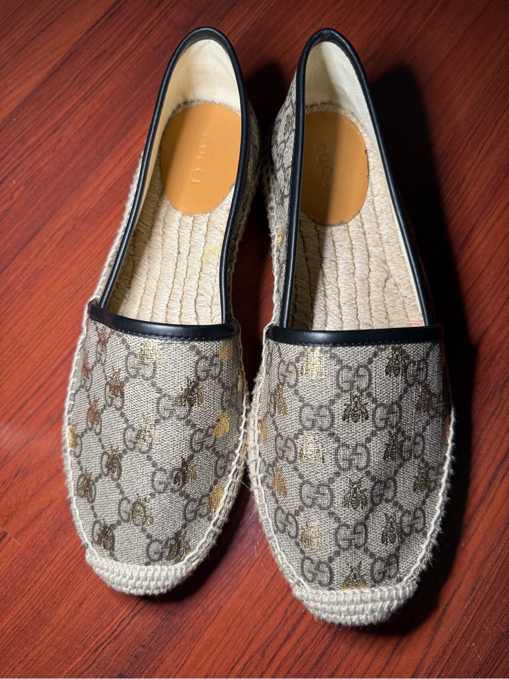 Gucci Beige Monogram Espadrille Flats with Black Trim